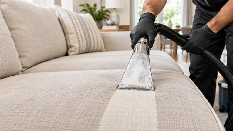 Professional upholstery extraction on a cream sofa