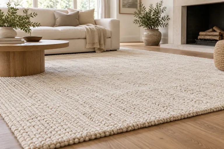 Textured cream area rug in a living room