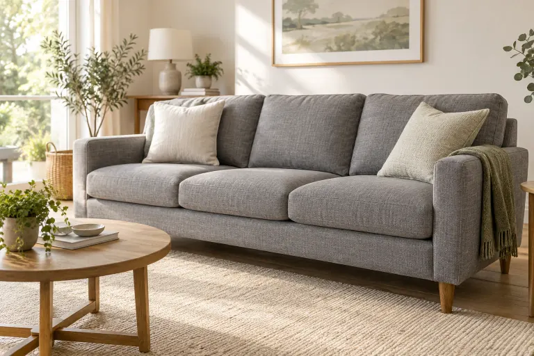 Grey fabric sofa in a family living room