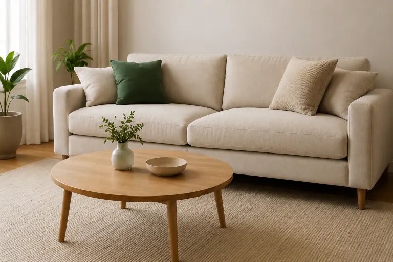 Freshly cleaned cream sofa in a bright living room